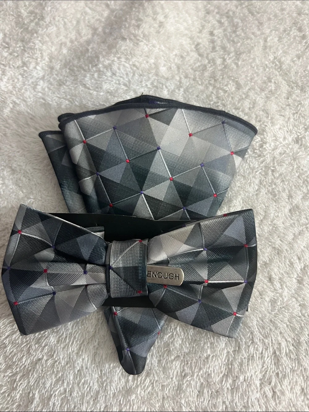Tytus Ties “Enough”Gray Geometric Pocket round and Bow Tie Set